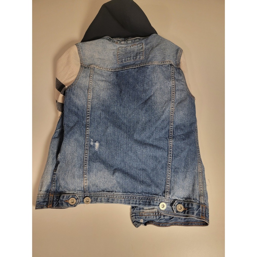 Zara Man Distressed Denim Hoodie Jacket Blue Cream Size S Small Mixed Media - Picture 5 of 7